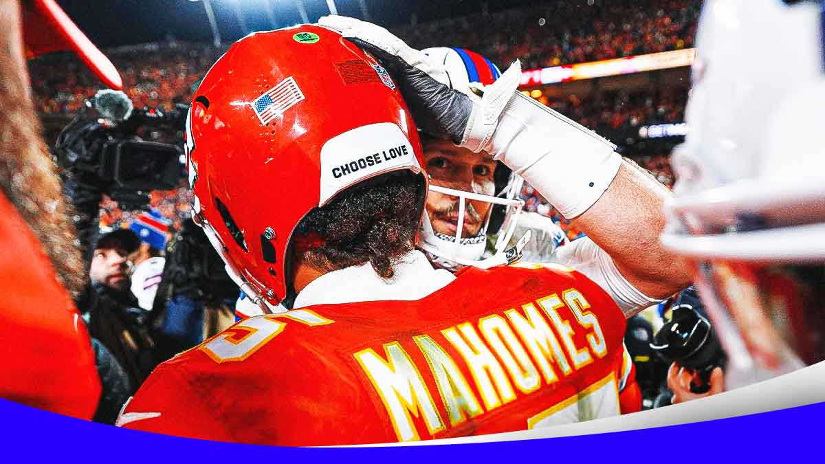 Josh Allen hugs and pats Patrick Mahomes on the head