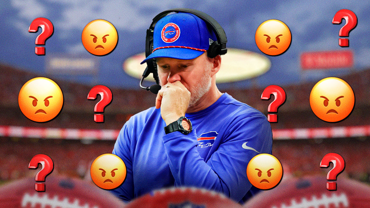 Bills head coach Sean McDermott with angry emojis and question marks around him, with a background of Arrowhead Stadium.