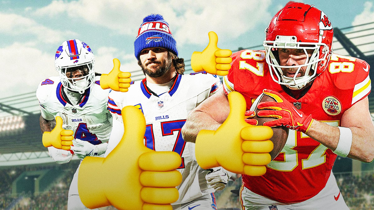 Travis Kelce standing next to Josh Allen and James Cook with thumbs up emojis surrounding them