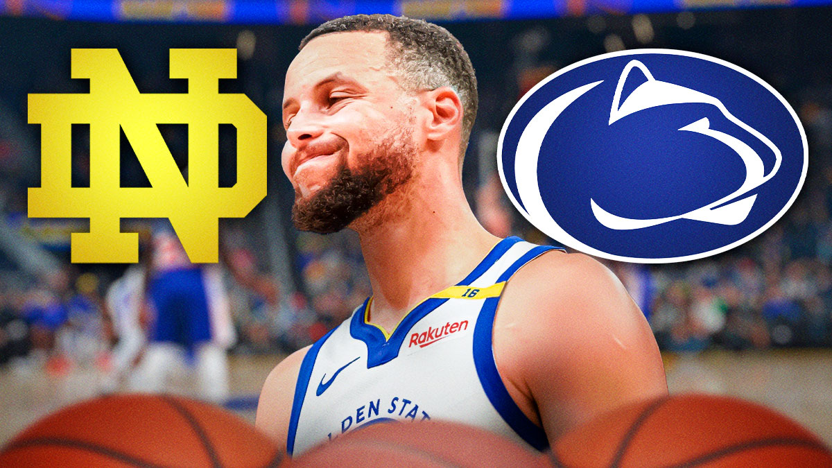 Stephen Curry in a Warriors jersey with Penn State and Notre Dame logos beside him.