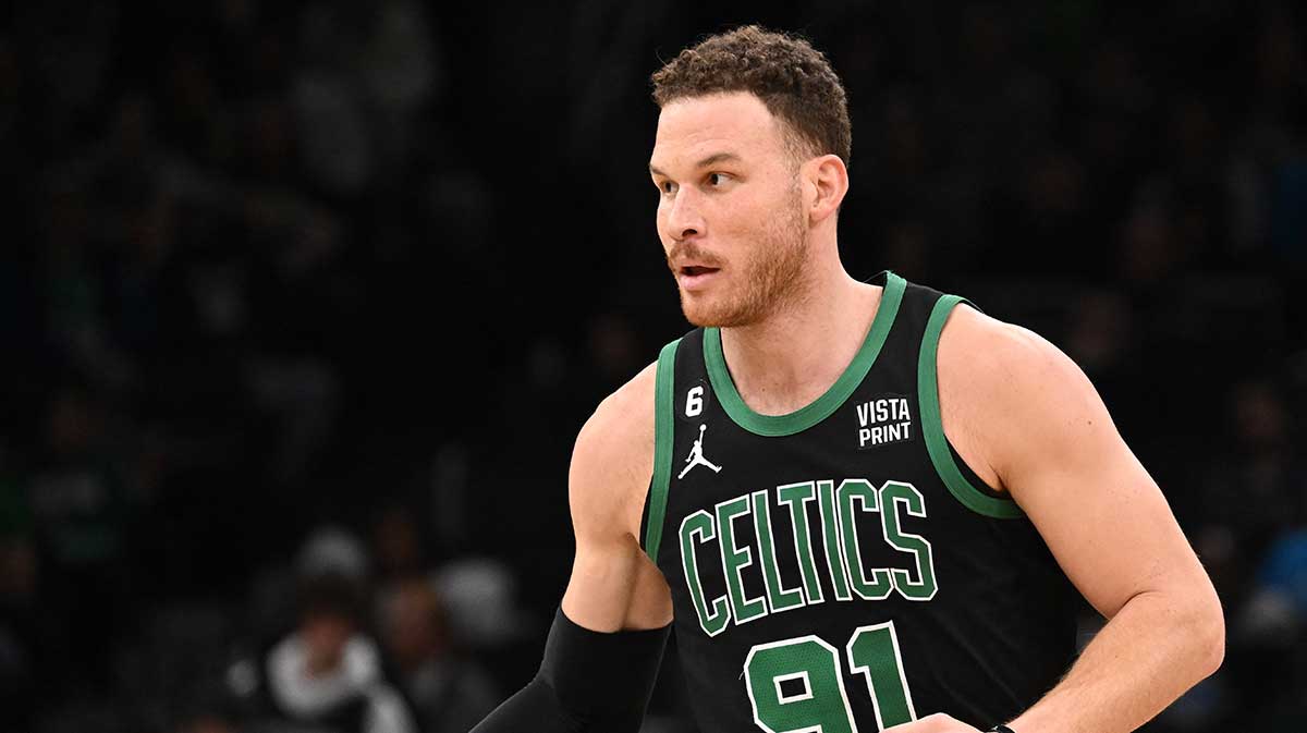 Boston Celtics forward Blake Griffin (91) dribbles the ball against the San Antonio Spurs during the fourth quarter at the TD Garden.