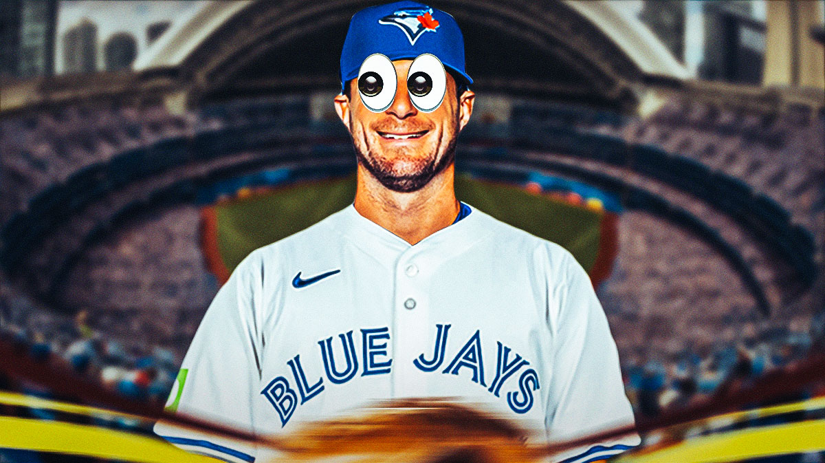 Max Scherzer wearing a Blue Jays uniform with emojis in his eyes