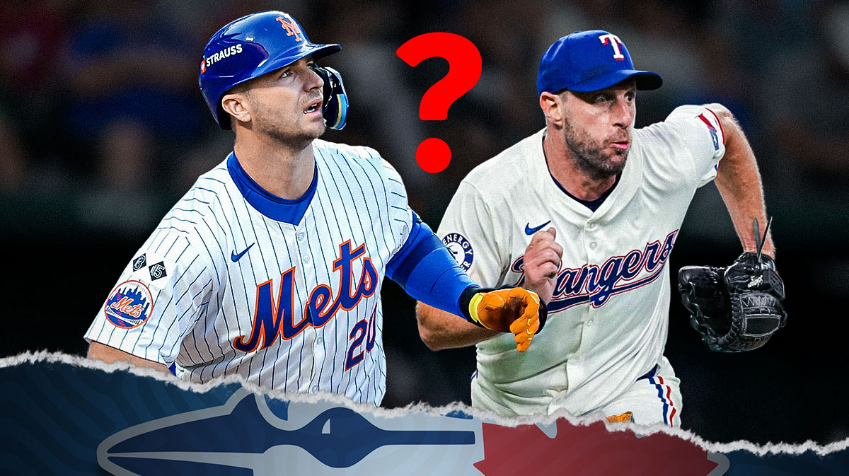 Mets Pete Alonso, Rangers Max Scherzer both on right. Toronto Blue Jays 2024 logo on left. Question mark in the middle.