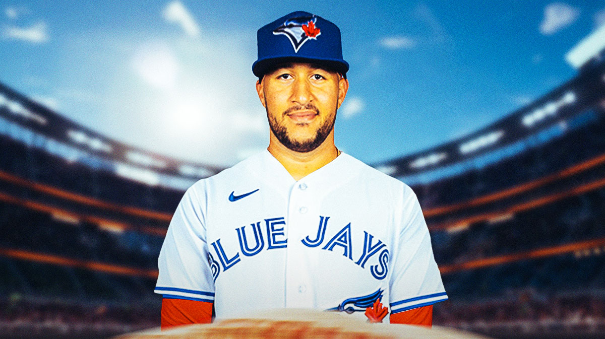 Carlos Estevez in a Blue Jays jersey.