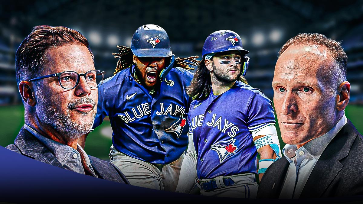 Photo: Ross Atkins, Mark Shapiro looking serious, Vladimir Guerrero Jr and Bo Bichette both in background in Blue Jays jerseys in action