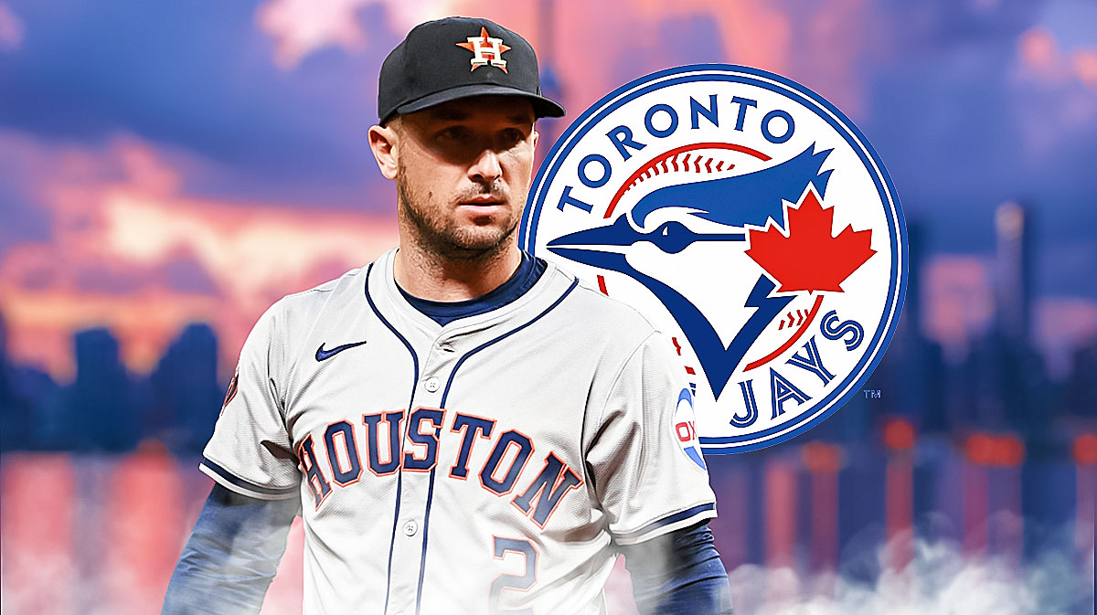 Alex Bregman in front of Toronto skyline and Blue Jays logo