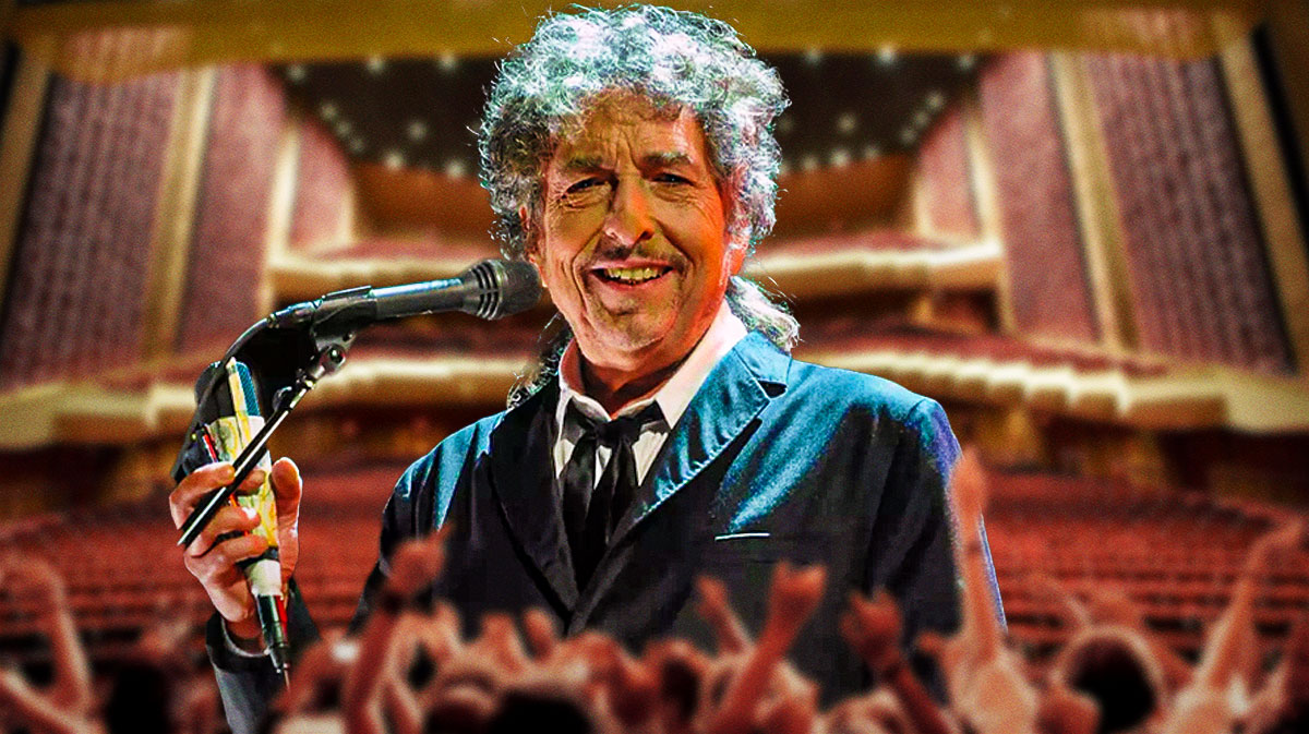 Bob Dylan, who announced his first show of his 2025 tour in Tulsa, Oklahoma, with Tulsa Theater behind him.