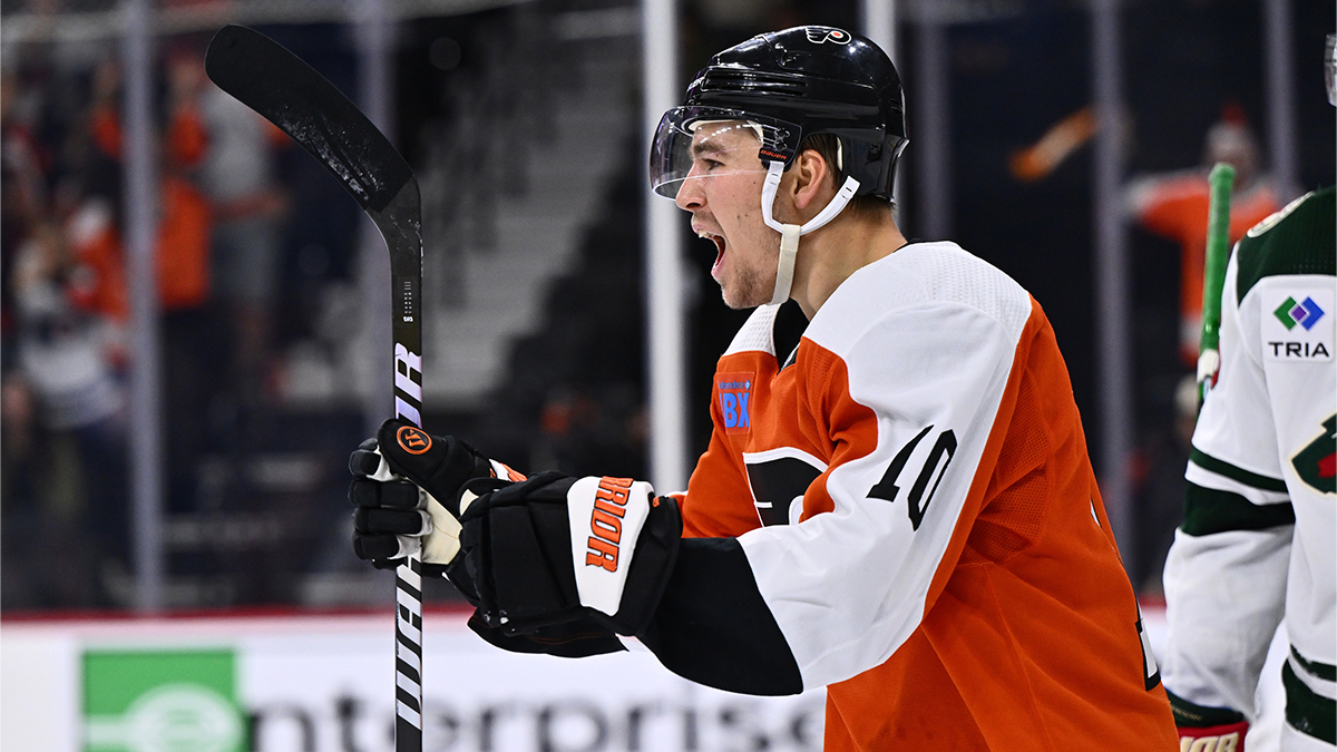 Philadelphia Flyers right wing Bobby Brink (10) reacts after scoring a goal against the Minnesota Wild in the third period at Wells Fargo Center.