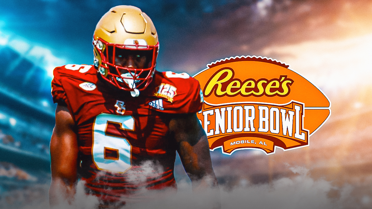 Donovan Ezeiruaku in front of the Reese's Senior Bowl logo