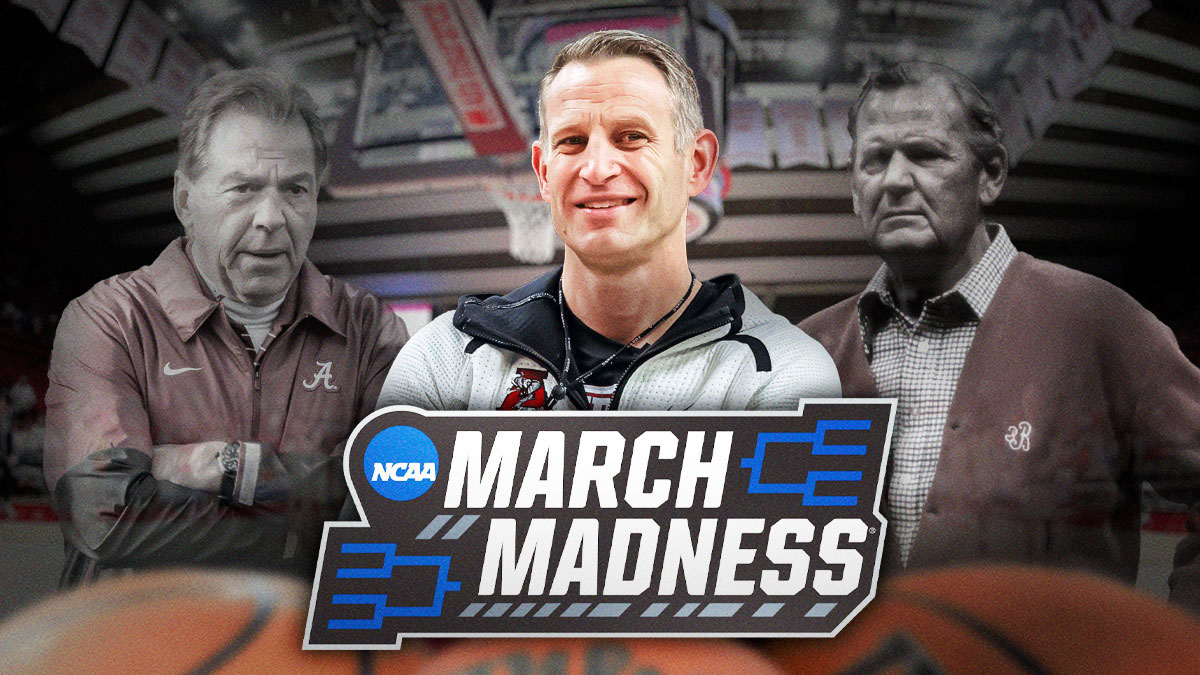 NCAA Tournament Bracketology, featuring Alabama basketball coach Nate Oats standing in front of Nick Saban and Bear Bryant