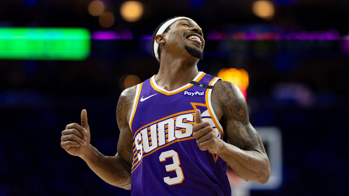 Phoenix Suns guard Bradley Beal (3) reacts after a play against the Philadelphia 76ers during the third quarter at Wells Fargo Center.
