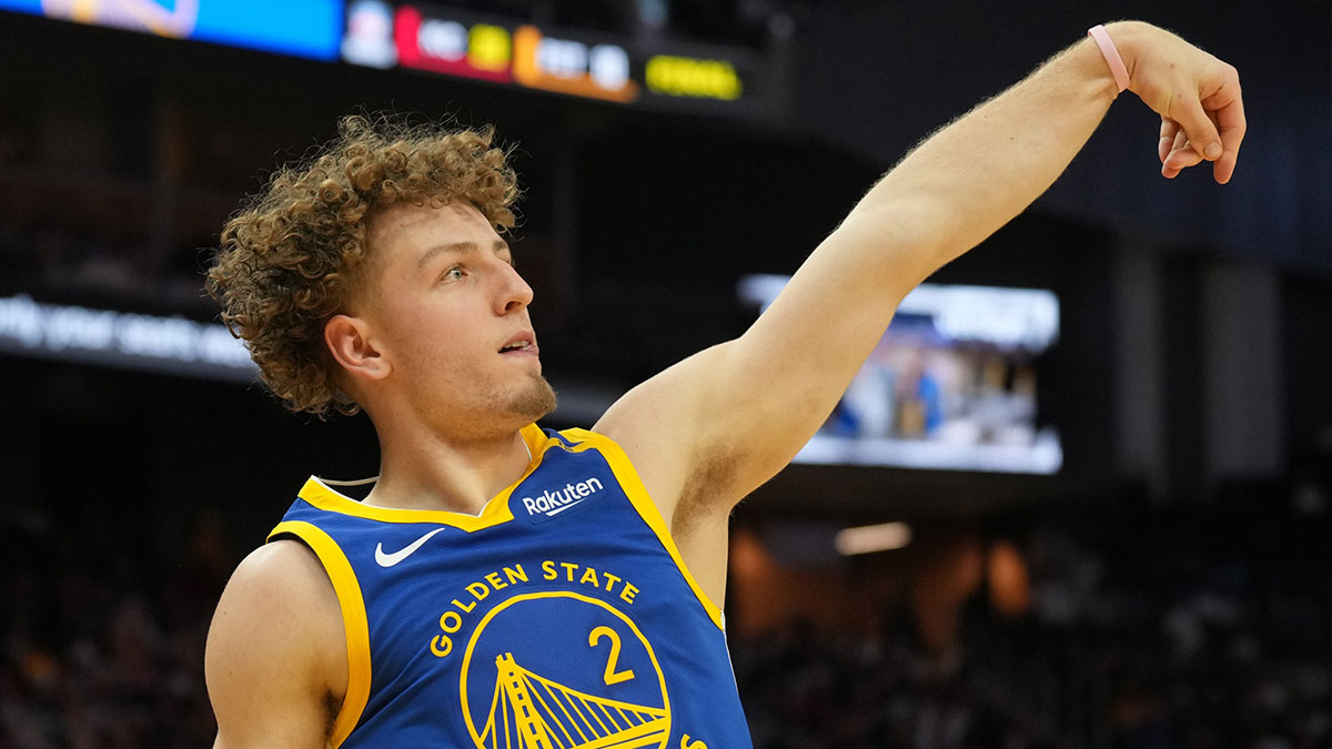 Golden State Warriors guard Brandin Podziemski (2) follows through after a shot against the Los Angeles Lakers during the fourth quarter at Chase Center.