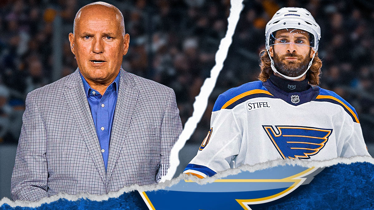 Blues GM Doug Armstrong and forward Brandon Saad on opposite sides, with a photograph tear down the middle to signify the split