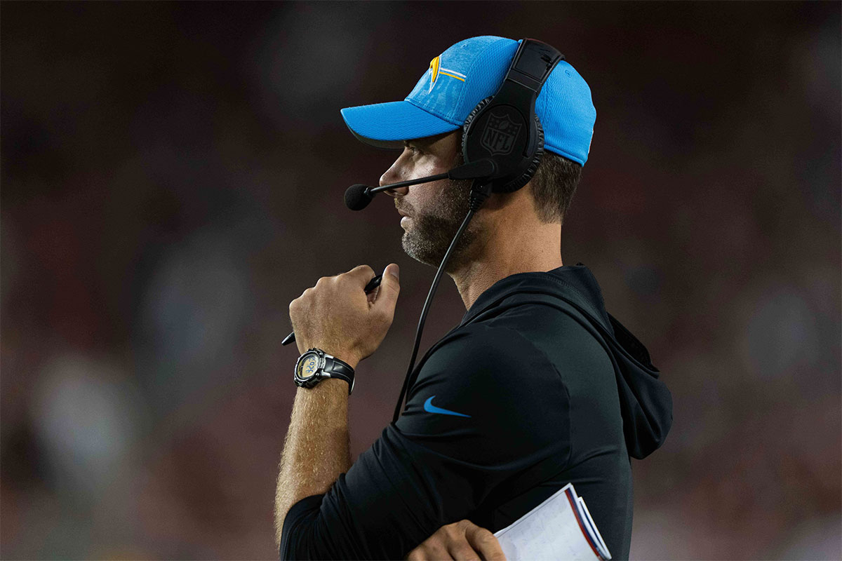 Aug 25, 2023; Santa Clara, California, USA; Los Angeles Chargers head coach Brandon Staley during the fourth quarter against the San Francisco 49ers at Levi's Stadium.