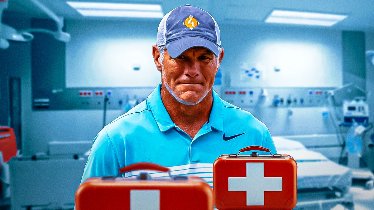 Brett Farve, who announced his Parkinson's Disease diagnosis in 2024, with hospital background.