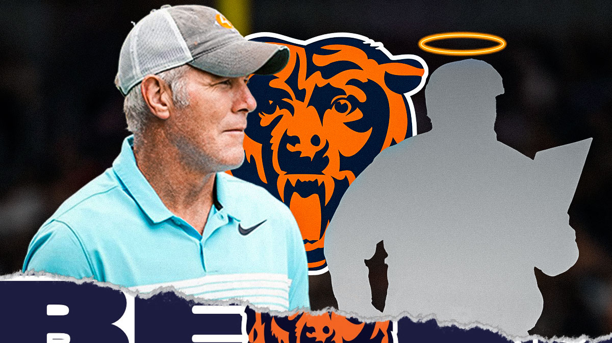 Former Green Bay Packers QB Brett Favre looking at SILHOUETTE of Dallas Cowboys HC Mike McCarthy with angelic halo over his head. Chicago Bears logo in the background. Background is Soldier Field.