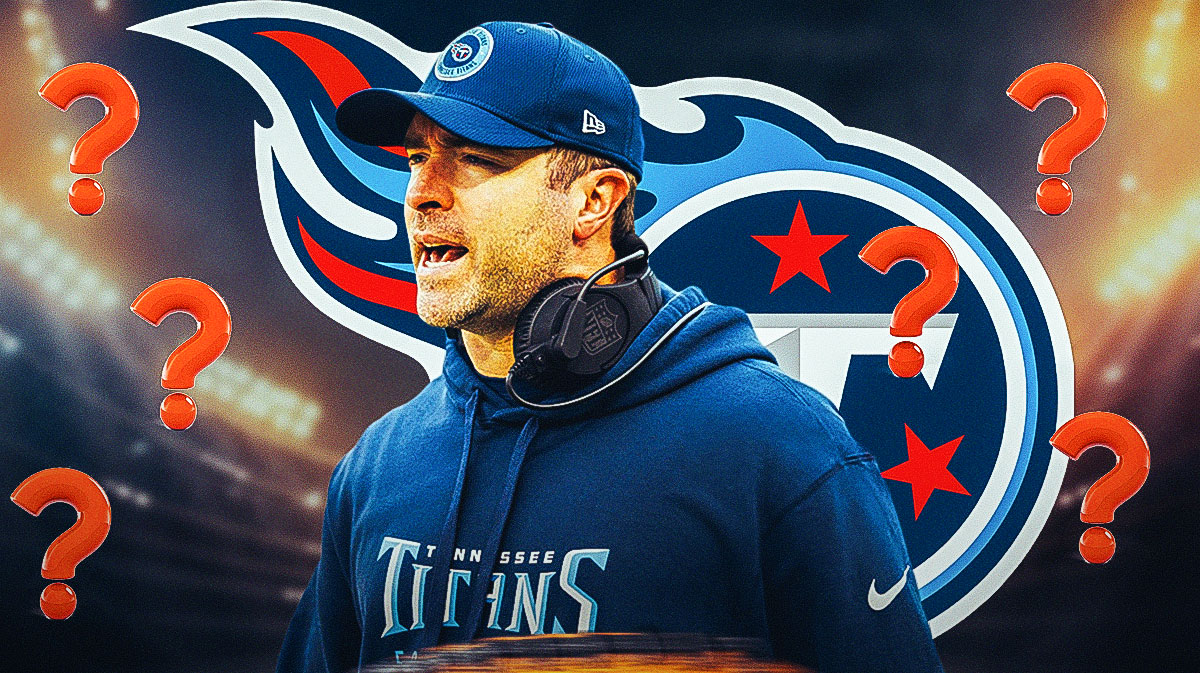 Tennessee Titans head coach Brian Callahan surrounded by question mark emojis. There is also a logo for the Tennessee Titans.