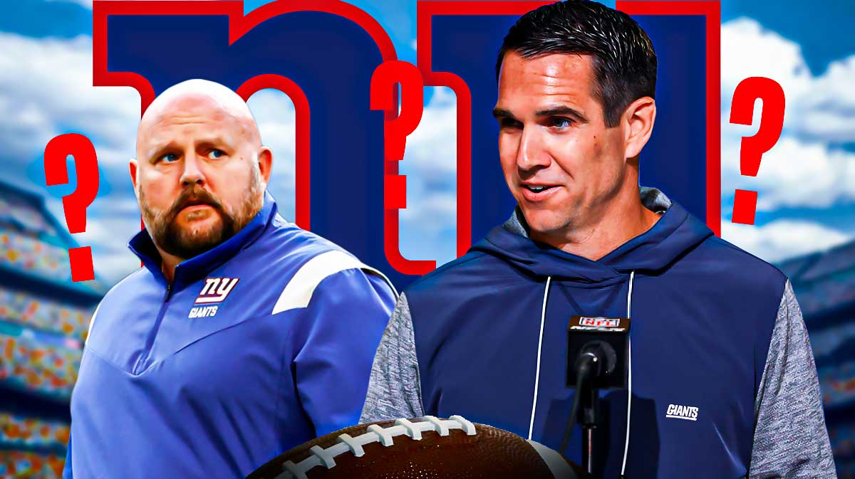 New York Giants head coach Brian Daboll with Giants GM Joe Schoen. They are surrounded by question mark emojis. There is also a logo for the New York Giants.