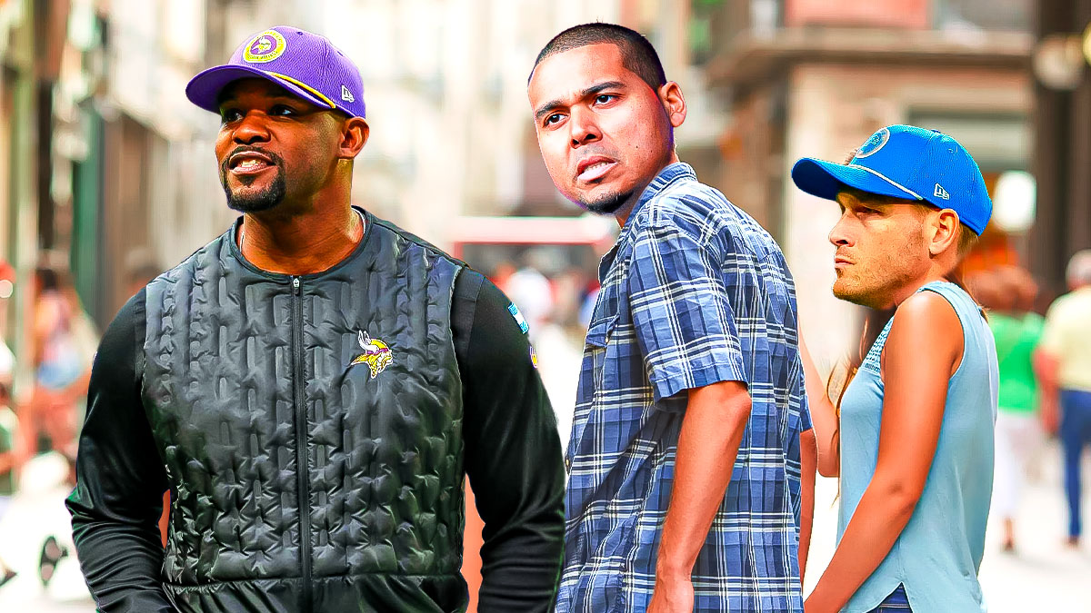 Chicago Bears GM Ryan Poles looking at Minnesota Vikings DC Brian Flores and ignoring Detroit Lions OC Ben Johnson.