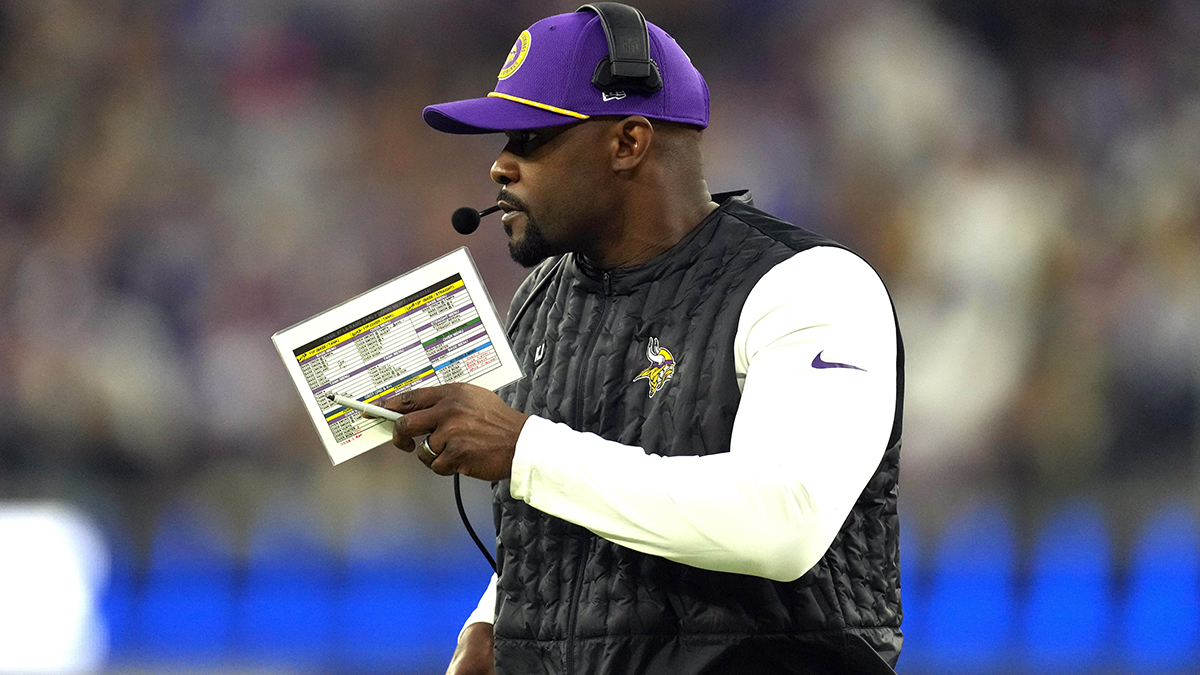 Minnesota Vikings defensive coordinator Brian Flores watches from the sidelines against the Los Angeles Rams in the first half at SoFi Stadium.