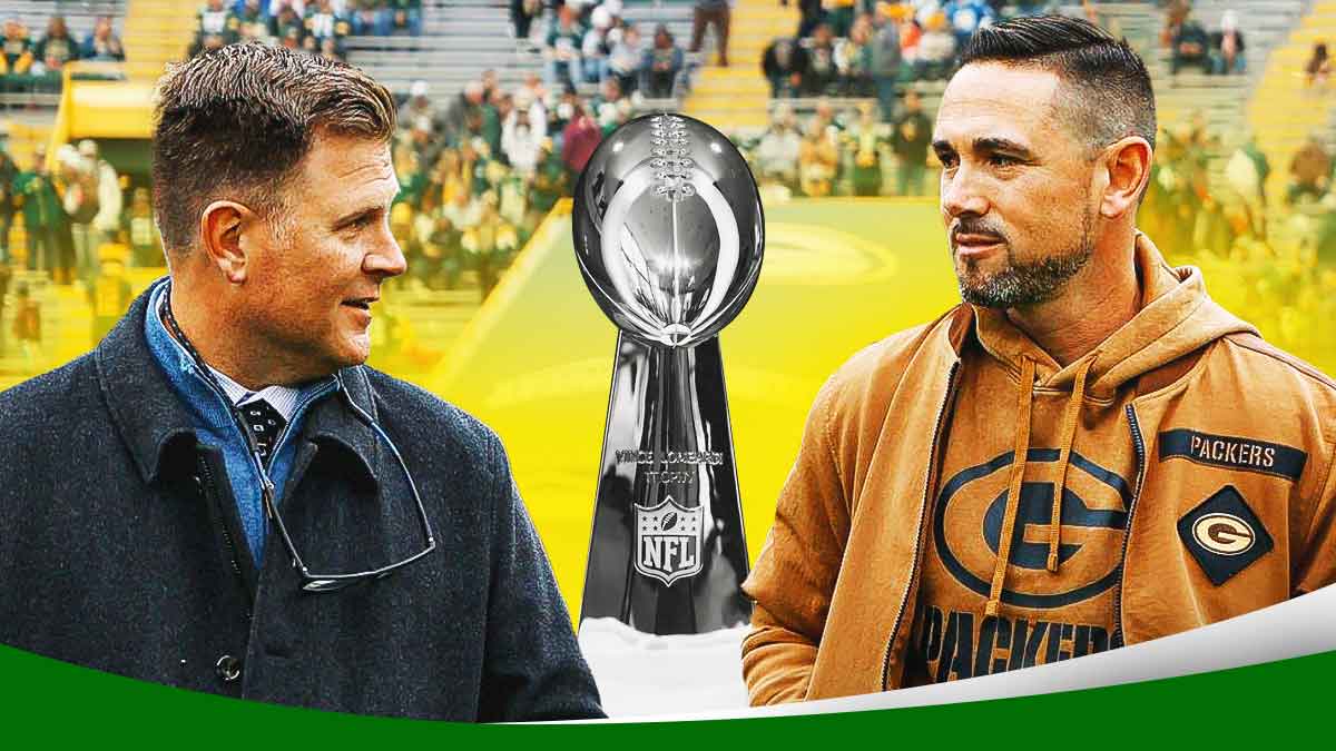 Lombardi Trophy and statue of Vince Lombardi in the middle with a picture of Matt LaFleur on one side and Packers GM Brian Gutekunst on the other