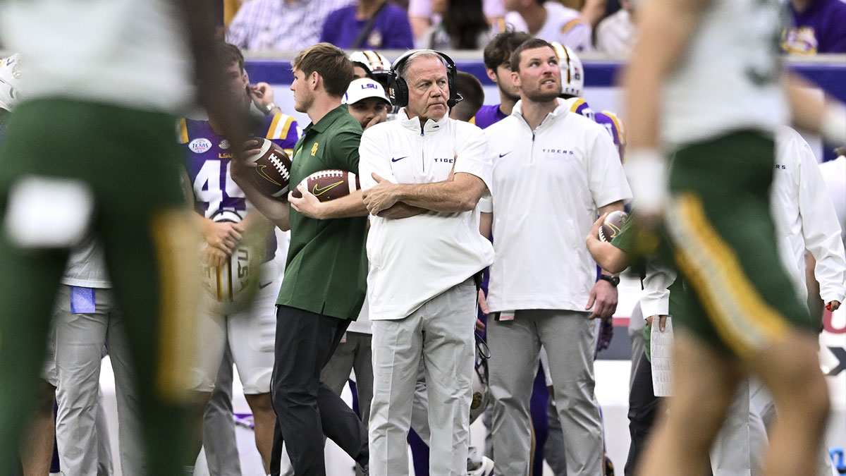 LSU Tigers head coach Brian Kelly looks on during the first quarter against the Baylor Bears at NRG Stadium.