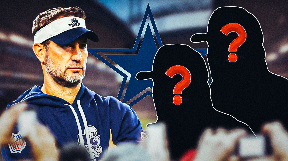 Dallas Cowboys head coach Brian Schottenheimer with 2 silhouettes of football coaches with big question mark emojis inside. There is also a logo for the Dallas Cowboys.