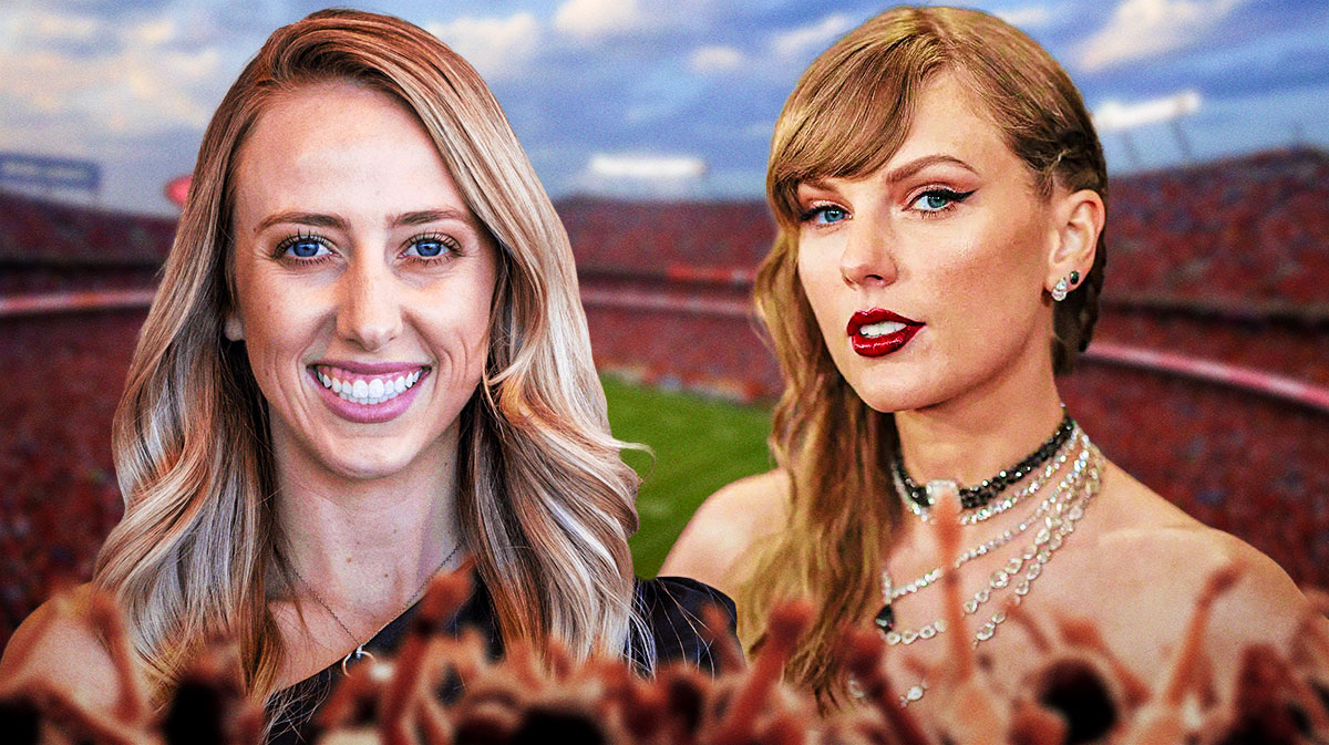 Brittany Mahomes and Taylor Swift, who both attended the Kasnas City Chiefs' AFC Championship win agains the Buffalo bills with GEHA Field at Arrowhead Stadium background.