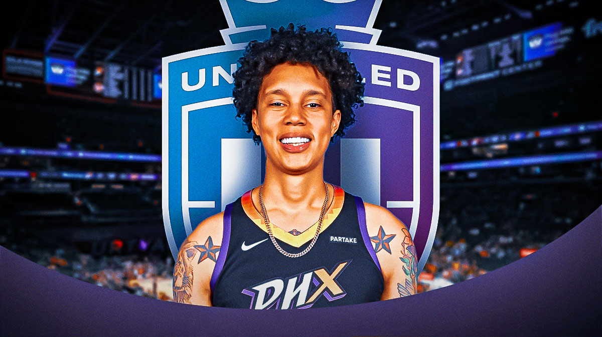 Brittney Griner in an Unrivaled jersey smiling, with a background of the Unrivaled logo behind her