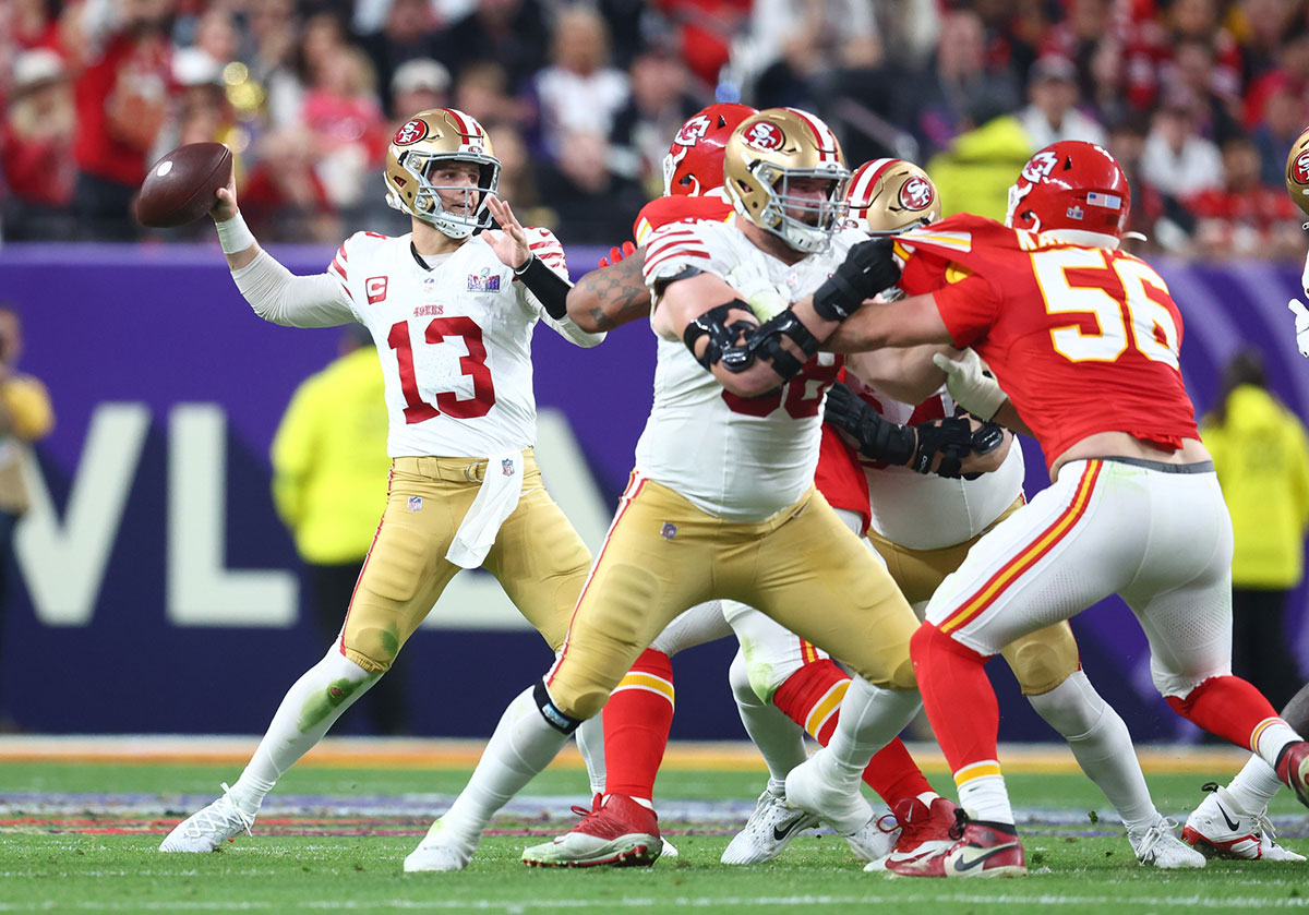 San Francisco 49ers quarterback Brock Purdy (13) throws a pass against the Kansas City Chiefs in the first half in Super Bowl LVIII at Allegiant Stadium.