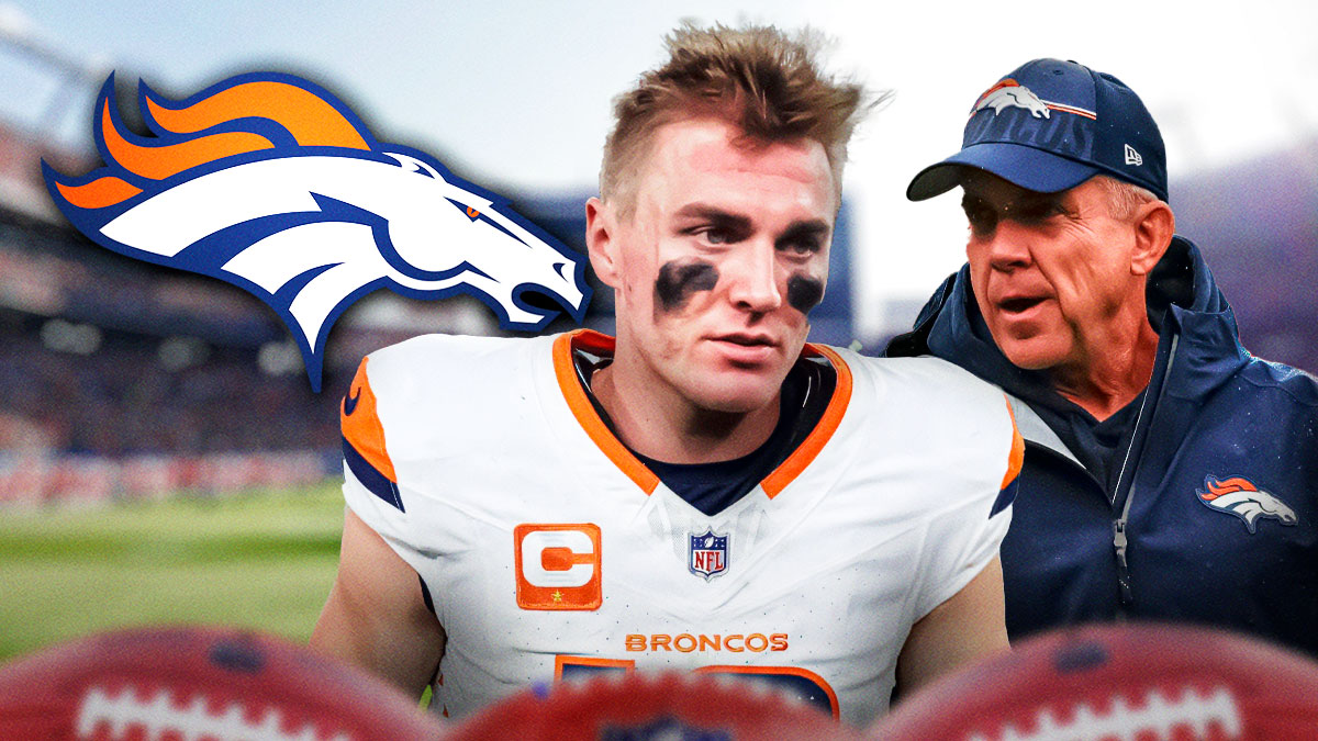 Image of Broncos QB Bo Nix looking disappointed next to image of Sean Payton looking disappointed. Broncos logo in background