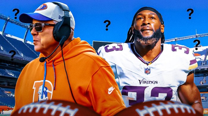 Broncos head coach Sean Payton looking hyped, with Aaron Jones celebrating beside him, and question marks around the image.