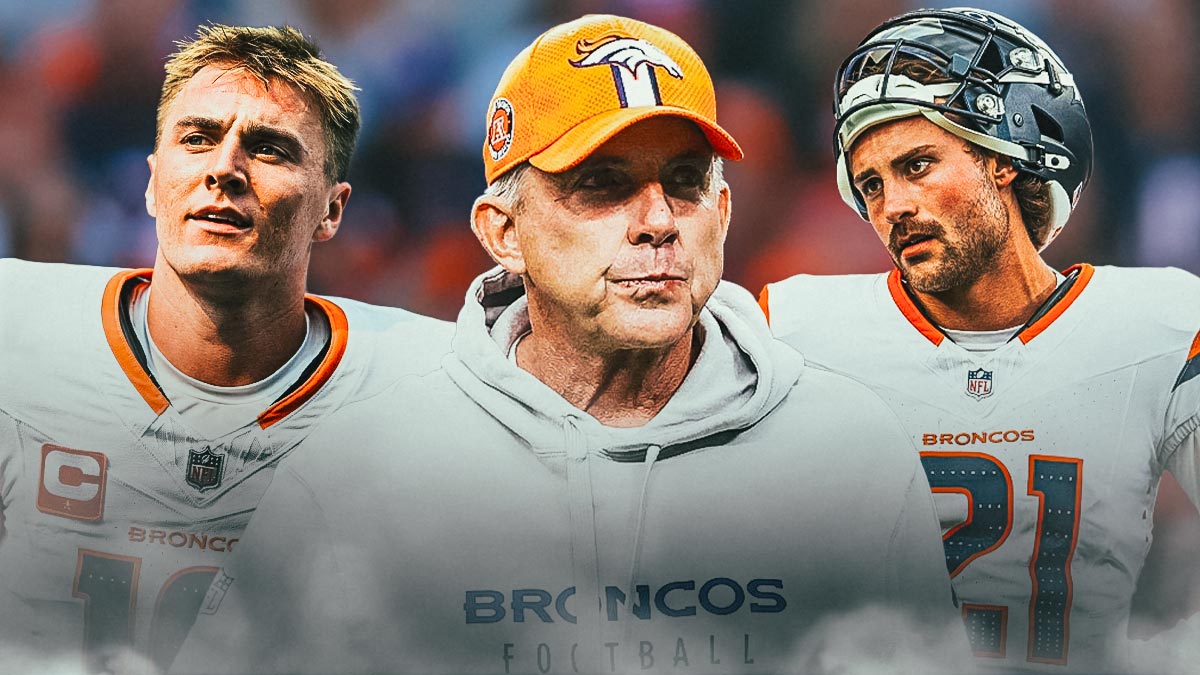 Sean Payton in the middle, Riley Moss, Bo Nix around him, Denver Broncos wallpaper in the background