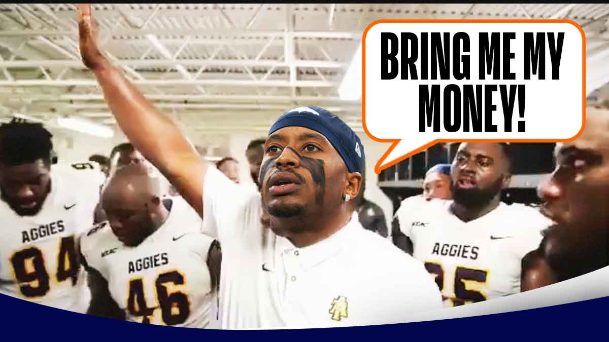 Denver Broncos WR Courtland Sutton holdiong hand up and saying, "Bring me my money!"