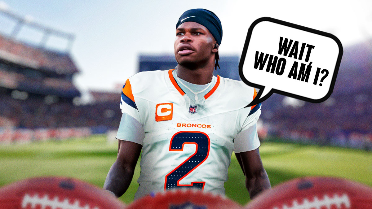 Background is Mile High Stadium. Please have Colorado football's Travis Hunter's head on Broncos CB Patrick Surtain jersey. Above head, please have speech bubble that says, "Wait, who am I?"