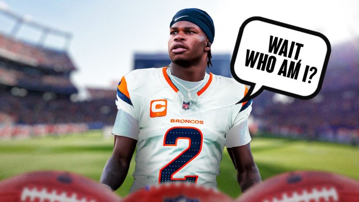 Background is Mile High Stadium. Please have Colorado football's Travis Hunter's head on Broncos CB Patrick Surtain jersey. Above head, please have speech bubble that says, "Wait, who am I?"