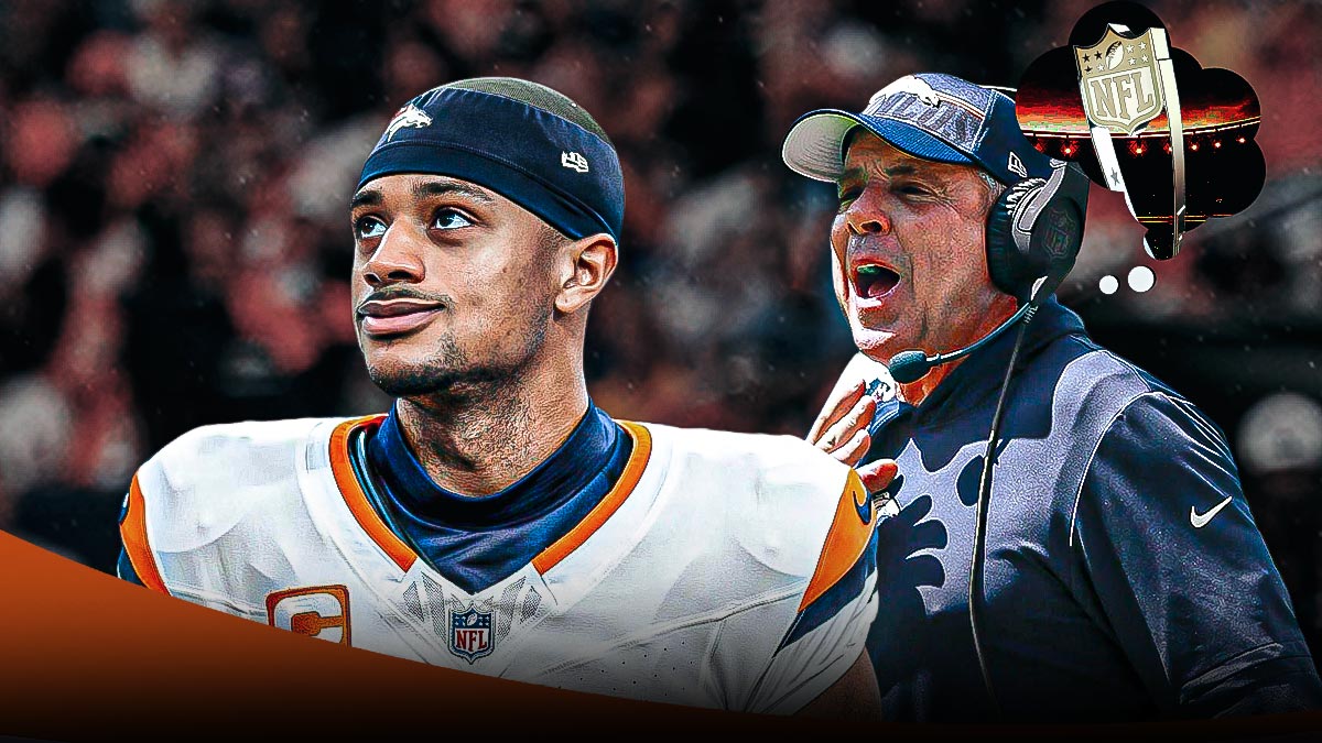 Broncos head coach Sean Payton with a thought bubble of the NFL Defensive Player of the Year trophy, and Broncos cornerback Patrick Surtain smiling next to him