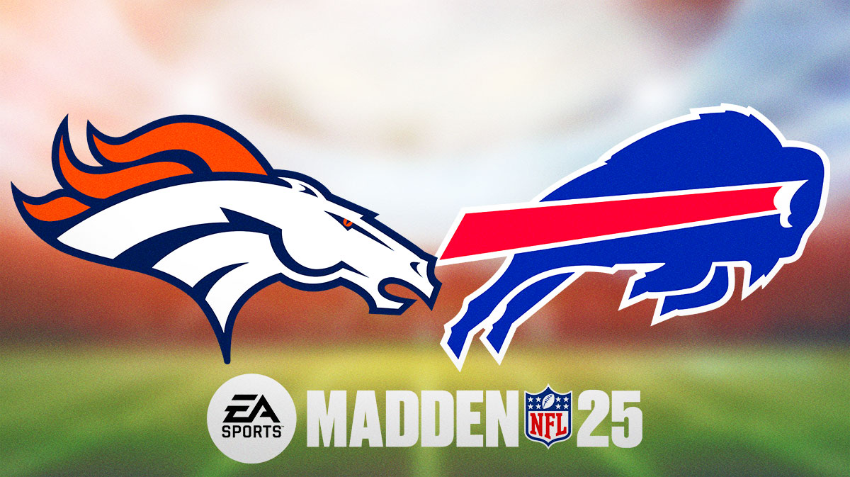 Broncos vs. Bills Results According to Madden 25. Broncos logo on left, Bills logo on right, football field as background