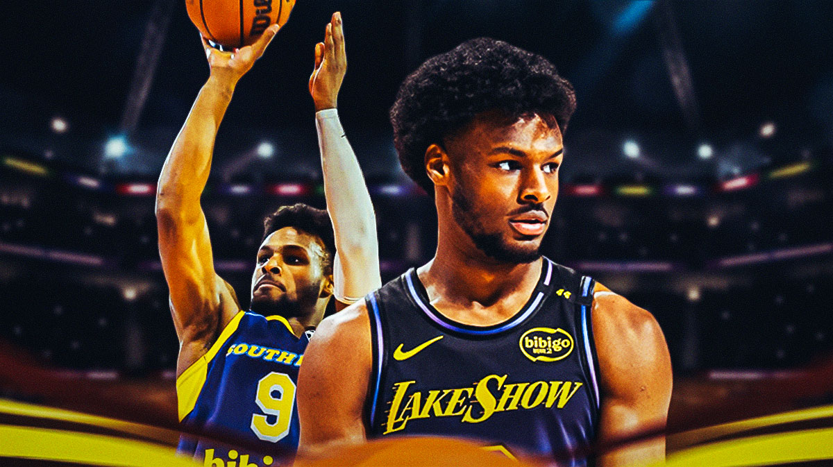 Lakers guard Bronny James looking hyped in a Los Angeles Lakers jersey, while Bronny James is in a G-League Lakers jersey shooting next to him
