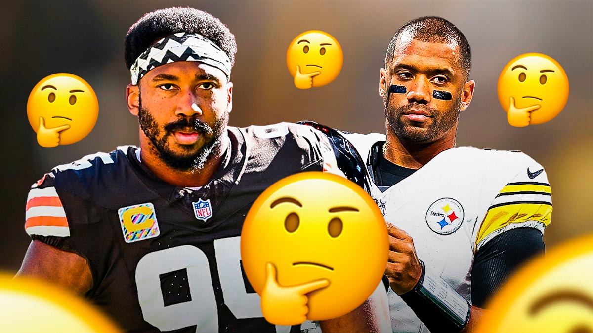 Myles Garrett in a Cleveland Browns uniform and Russell Wilson in a Pittsburgh Steelers uniform with thinking face emojis around them after they teamed up at the Pro Bowl.