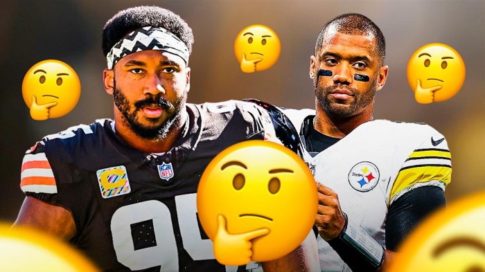 Myles Garrett in a Cleveland Browns uniform and Russell Wilson in a Pittsburgh Steelers uniform with thinking face emojis around them after they teamed up at the Pro Bowl.