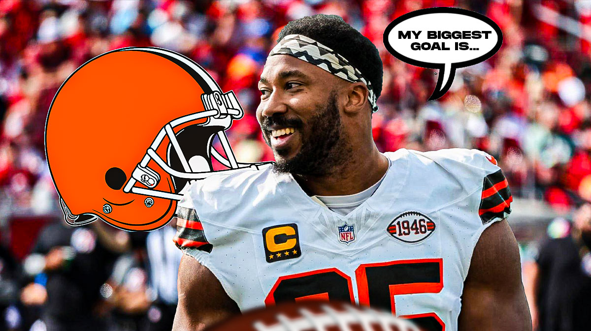 Cleveland Browns defensive end Myles Garrett with a speech bubble that says "My biggest goal is..." There is also a logo for the Cleveland Browns.
