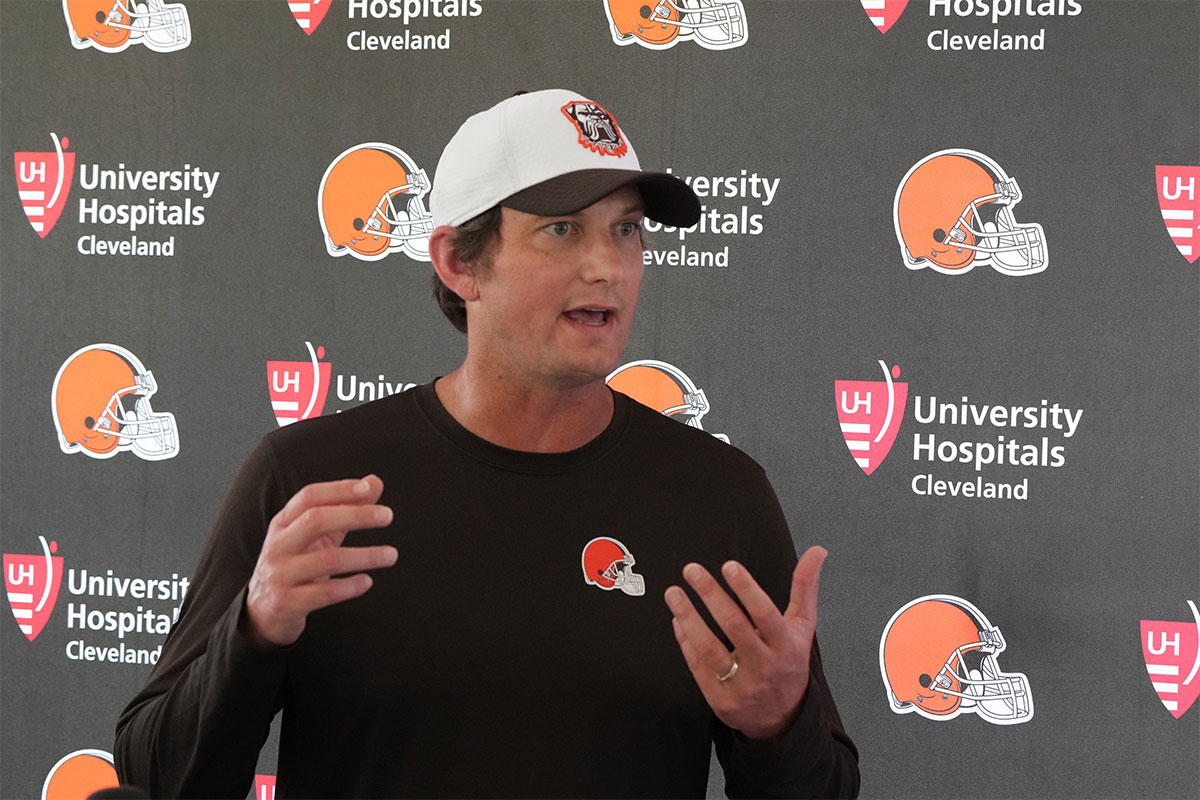 Cleveland Browns offensive coordinator Ken Dorsey during a press conference at the Browns training facility in Berea, Ohio.