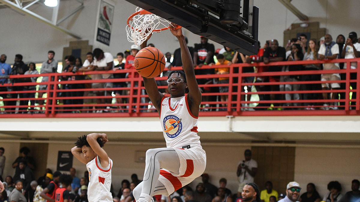 Bryce James, son of LeBron James, warms up before the E16 Strive for Greatness and Expressions game in July, 2023.