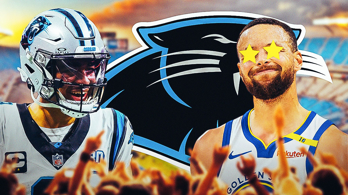 Steph Curry with stars in his eyes looking at Panthers Bryce Young