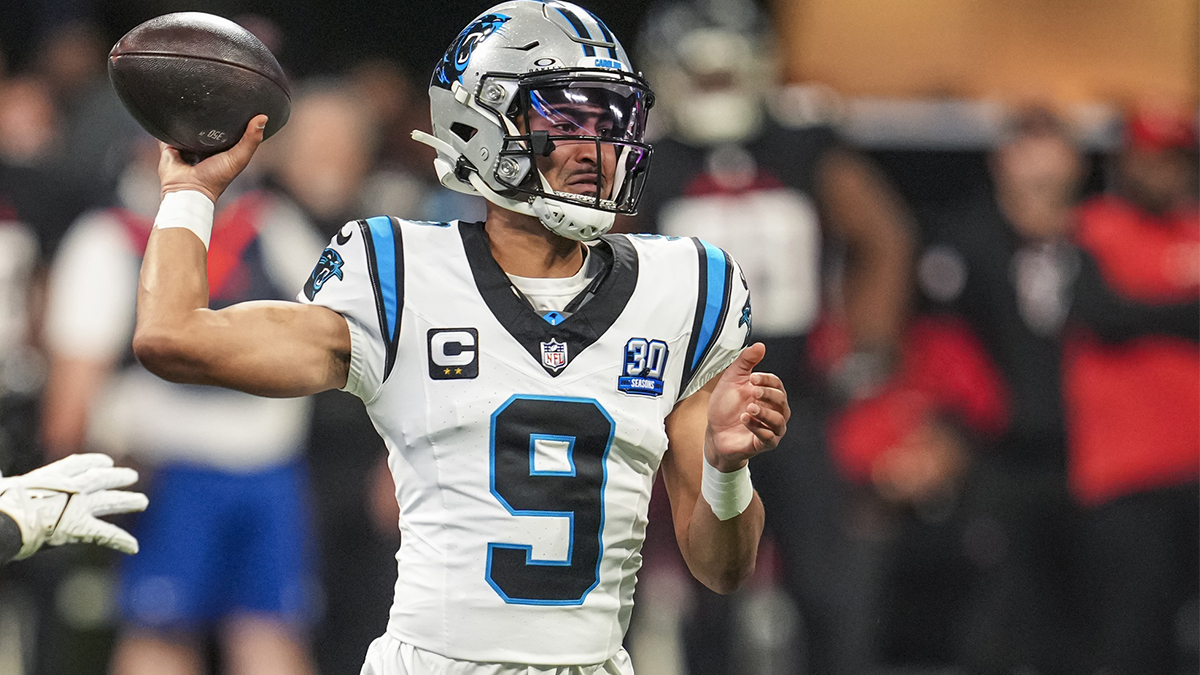 Carolina Panthers quarterback Bryce Young (9) passes against the Atlanta Falcons during the first half at Mercedes-Benz Stadium.