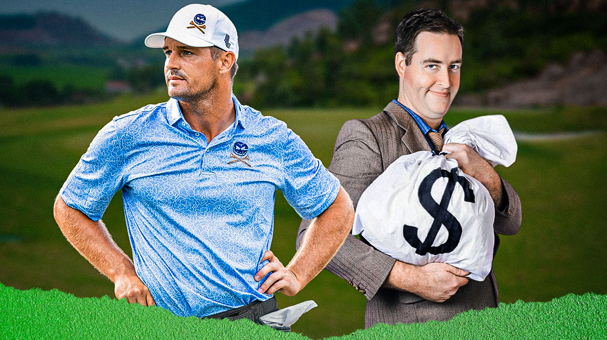 bryson dechambeau looking sad with empty pockets next to fan holding bag of money