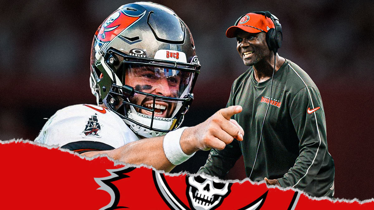 Image Buccaneers Baker Mayfield looking upset next to image of Buccaneers coach Todd Bowles. Buccaneers logo in background