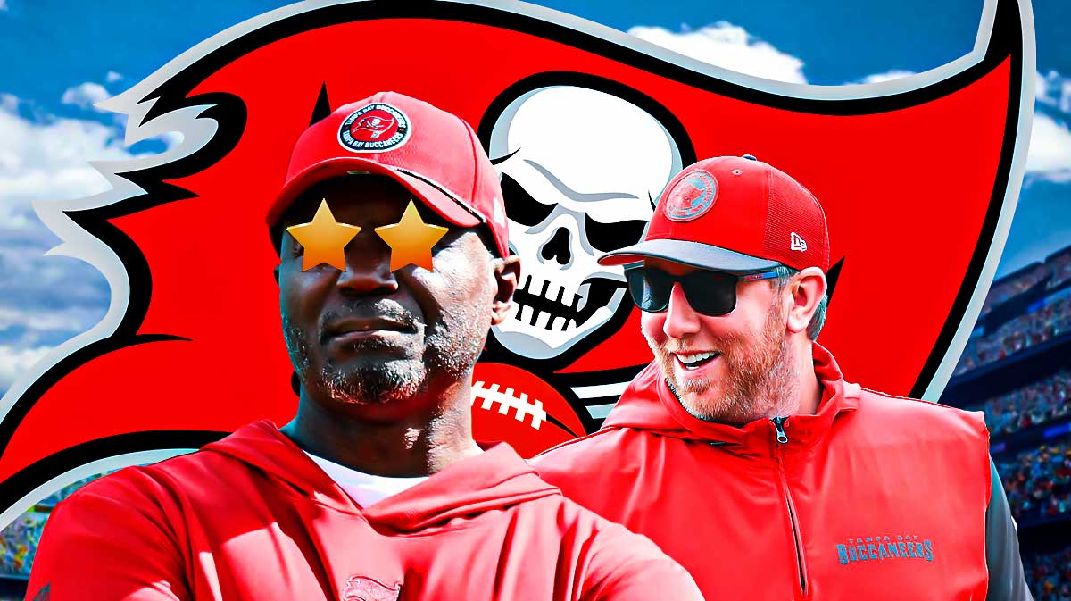 Buccaneers Todd Bowles with stars in his eyes next to Liam Coen