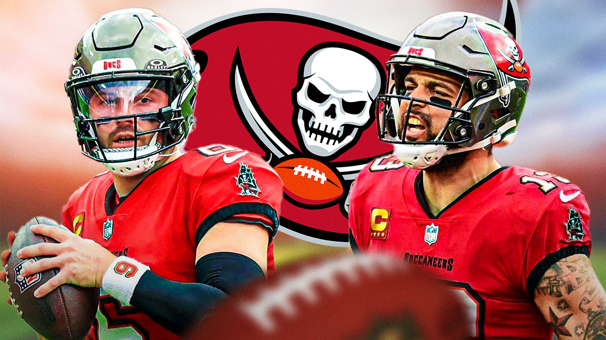 Tampa Bay Buccaneers QB Baker Mayfield with WR Mike Evans. There is also a logo for the Tampa Bay Buccaneers.